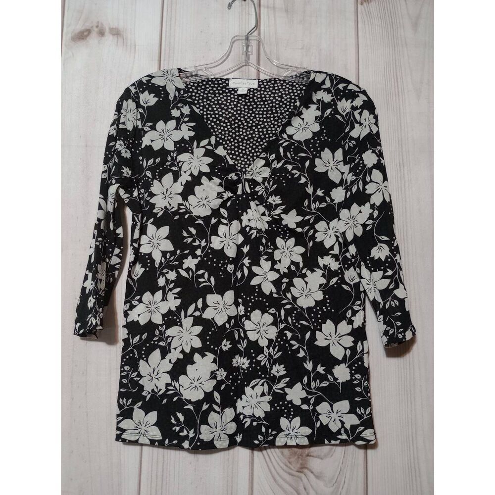 Charter Club Shirt Ladies Medium Black White V-Neck Semi Sheer Sleeves